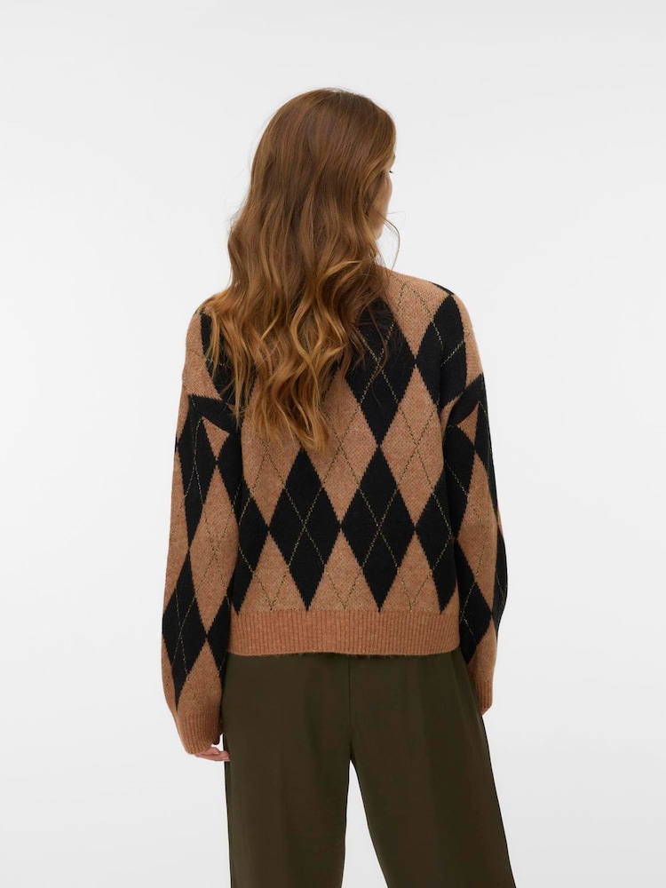 VERO MODA Brown Round Neck Argyle Cardigan - Image 2 of 5 VERO MODA Brown Round Neck Argyle Cardigan - Image 2 of 5