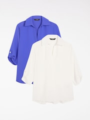Lipsy White/Cobalt Blue V-Neck 3/4 Sleeve Collared Blouse 2 Pack - Image 1 of 7