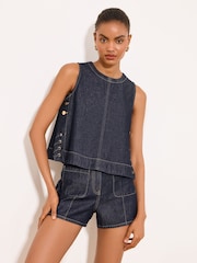 Lipsy Rinse Blue Wash Denim Shell Top - Image 1 of 5