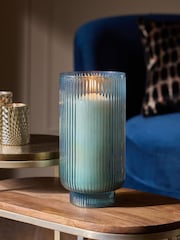 Navy Ribbed Glass Hurricane Candle Holder - Image 1 of 4