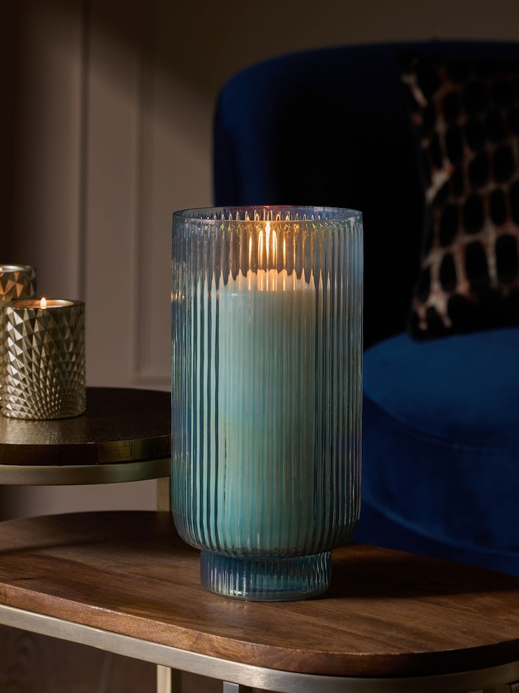 Navy Ribbed Glass Hurricane Candle Holder - Image 2 of 4 Navy Ribbed Glass Hurricane Candle Holder - Image 2 of 4
