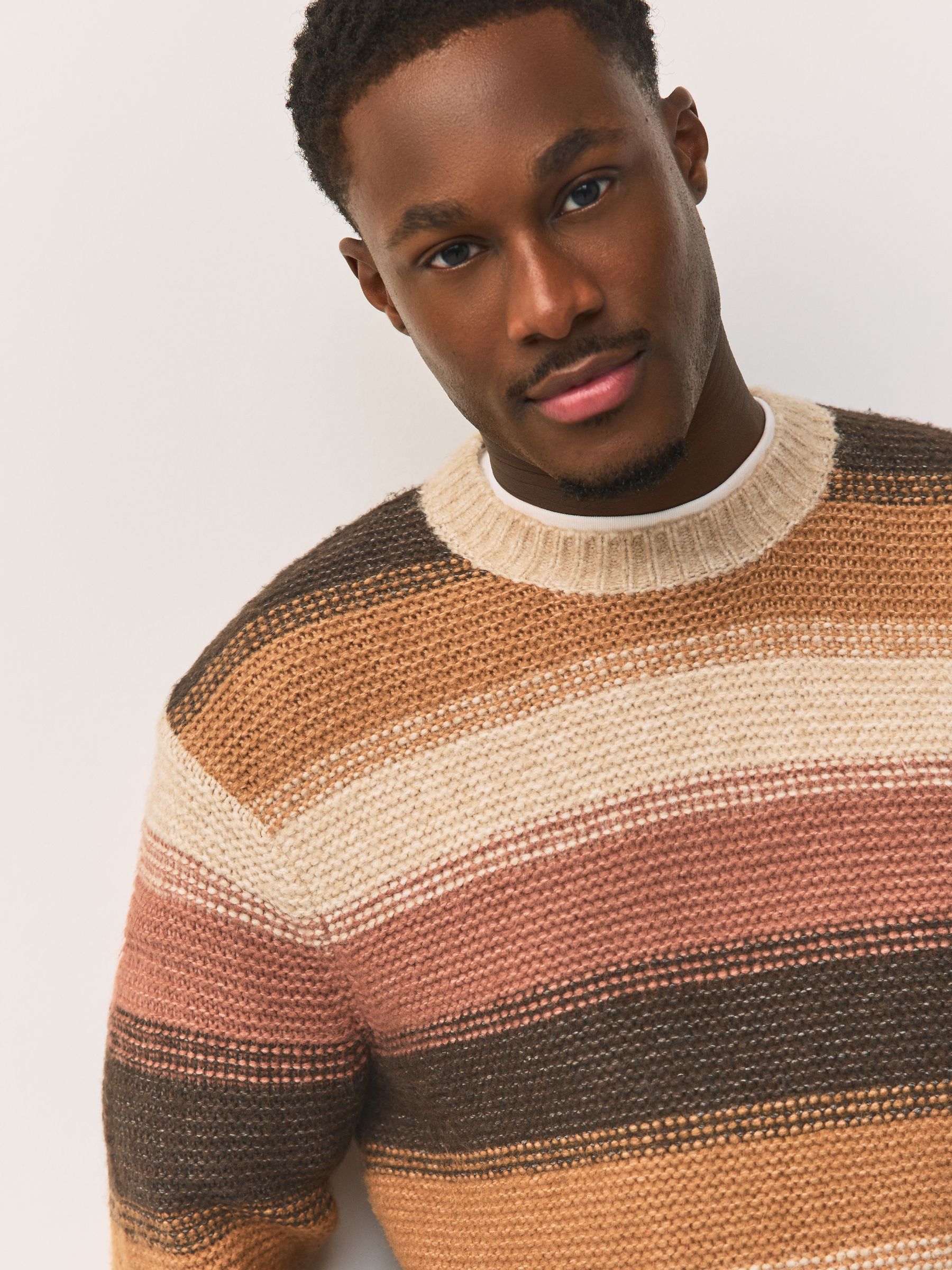 Buy Neutral/Terracotta Orange Regular Fit Stripe Crew Jumper from