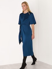 Whistles Blue Satin Twist Waist Midi Dress - Image 3 of 6