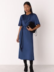 Whistles Blue Petite Satin Twist Waist Midi Dress - Image 1 of 4