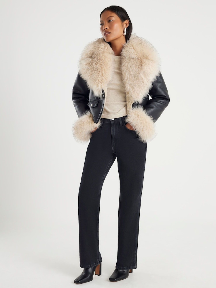 River Island Black Petite Fur Collar Cropped Biker Jacket - Image 1 of 4