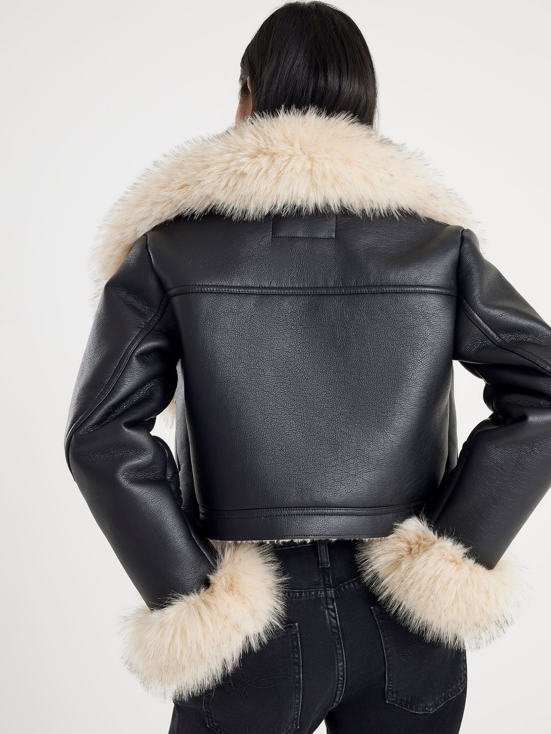 Buy River Island Black Petite Fur Collar Cropped Biker Jacket from