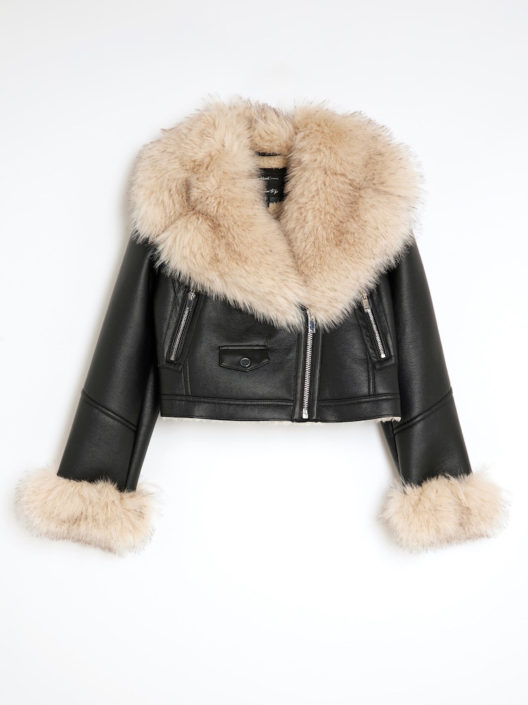 River Island Black Petite Fur Collar Cropped Biker Jacket - Image 4 of 4
