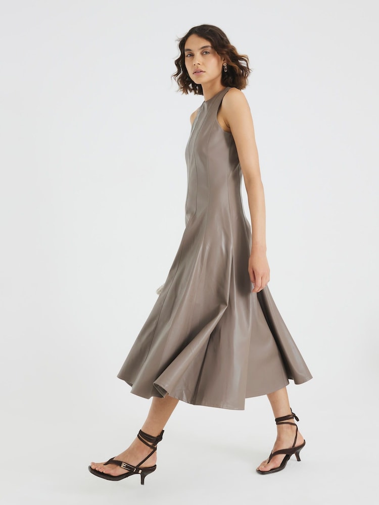 River Island Natural PU Seam Detail Waisted Midi Dress - Image 2 of 4