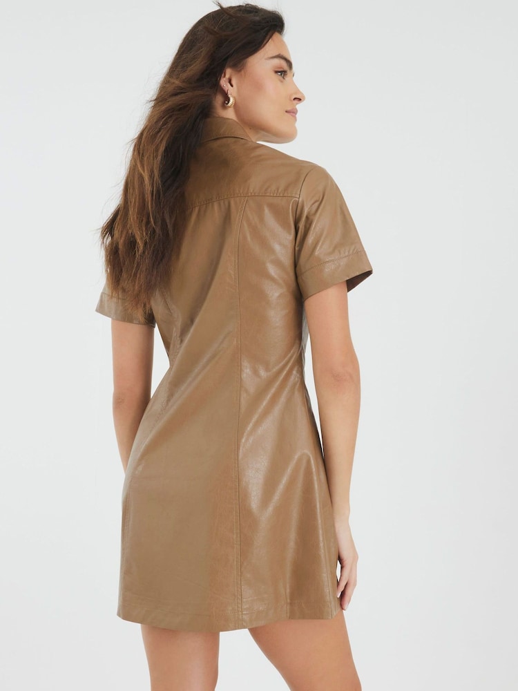 River Island Brown Faux Leather Button Through Mini Dress - Image 2 of 4