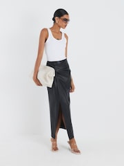 River Island Black Faux Leather Twist Side Midi Skirt - Image 1 of 4
