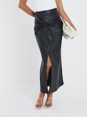 River Island Black Faux Leather Twist Side Midi Skirt - Image 3 of 4