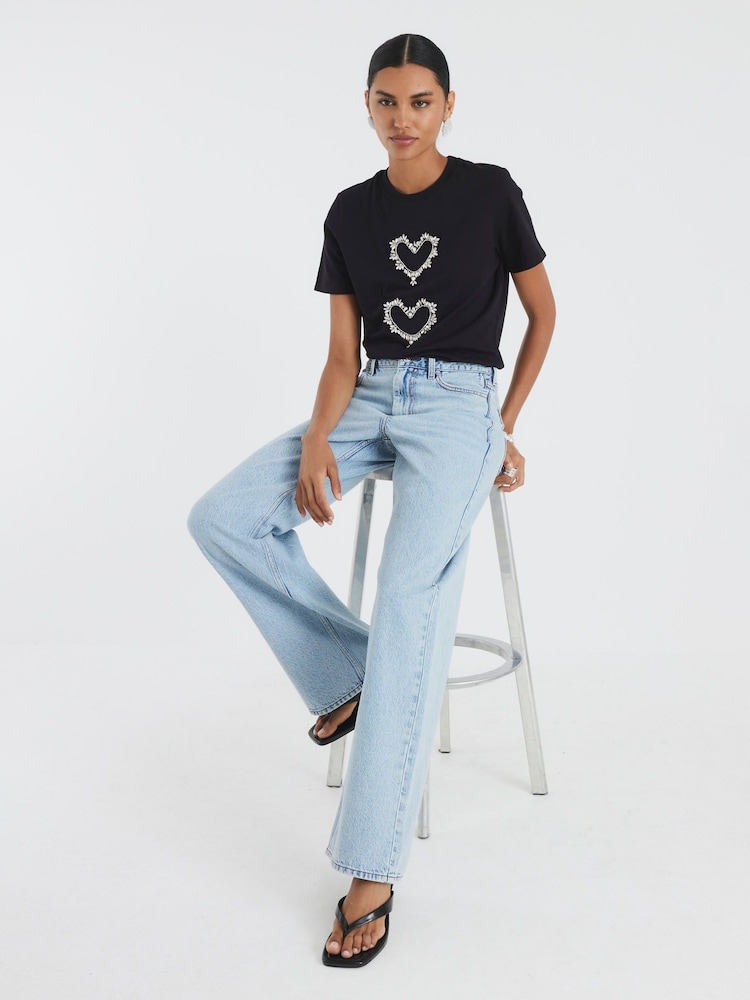 River Island Black Short Sleeve Heart Diamante T-Shirt - Image 4 of 4