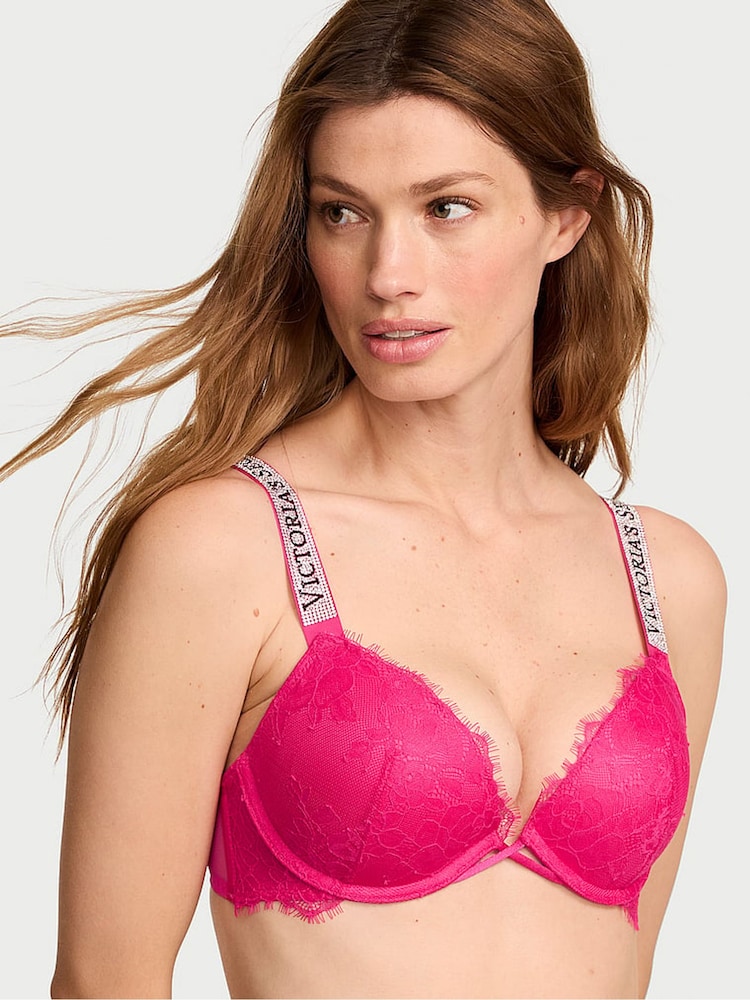 Victoria's Secret Pop Pink Push Up Shine Strap Lace Bra - Image 1 of 2