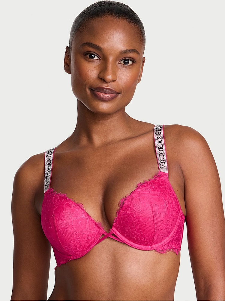 Victoria's Secret Pop Pink Add 2 Cups Push Up Bombshell Lace Shine Strap Bra - Image 1 of 2