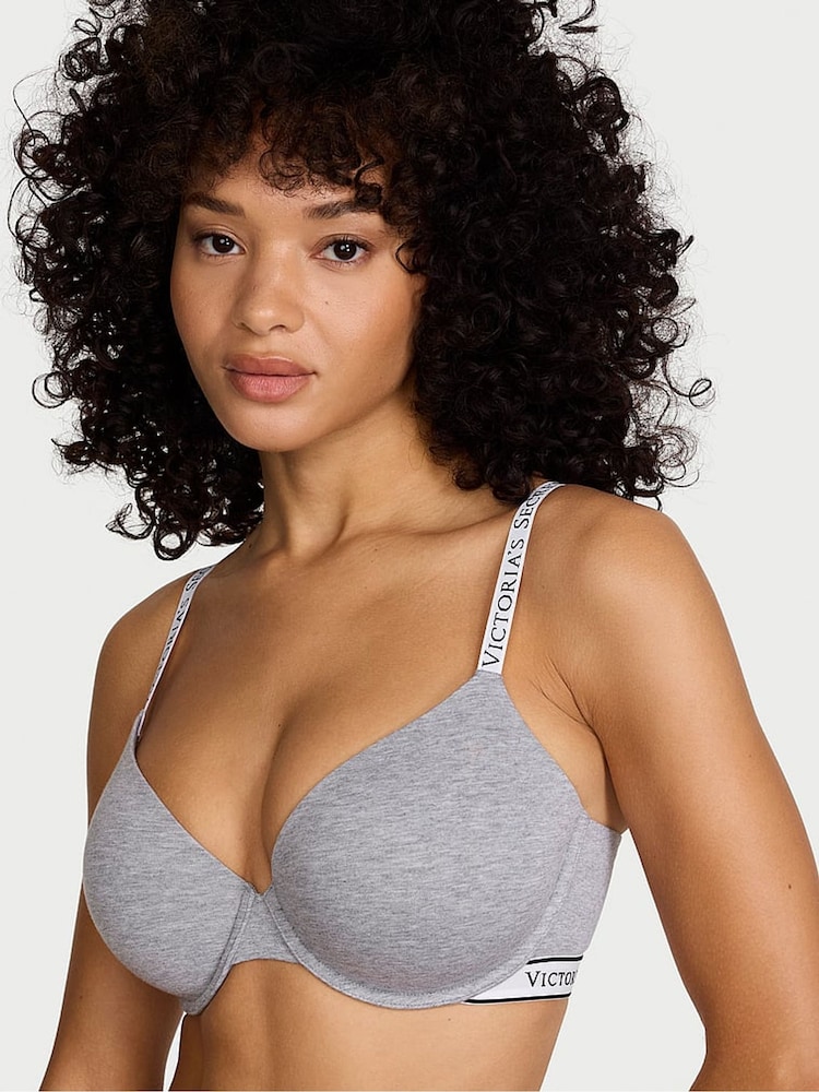 Victoria's Secret Medium Heather Grey Lightly Lined Demi Cotton Logo Bra - Image 1 of 2 Victoria's Secret Medium Heather Grey Lightly Lined Demi Cotton Logo Bra - Image 1 of 2