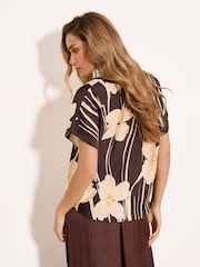 Lipsy Brown Floral Print Utility V-Neck Short Roll Sleeve Top - Image 2 of 4