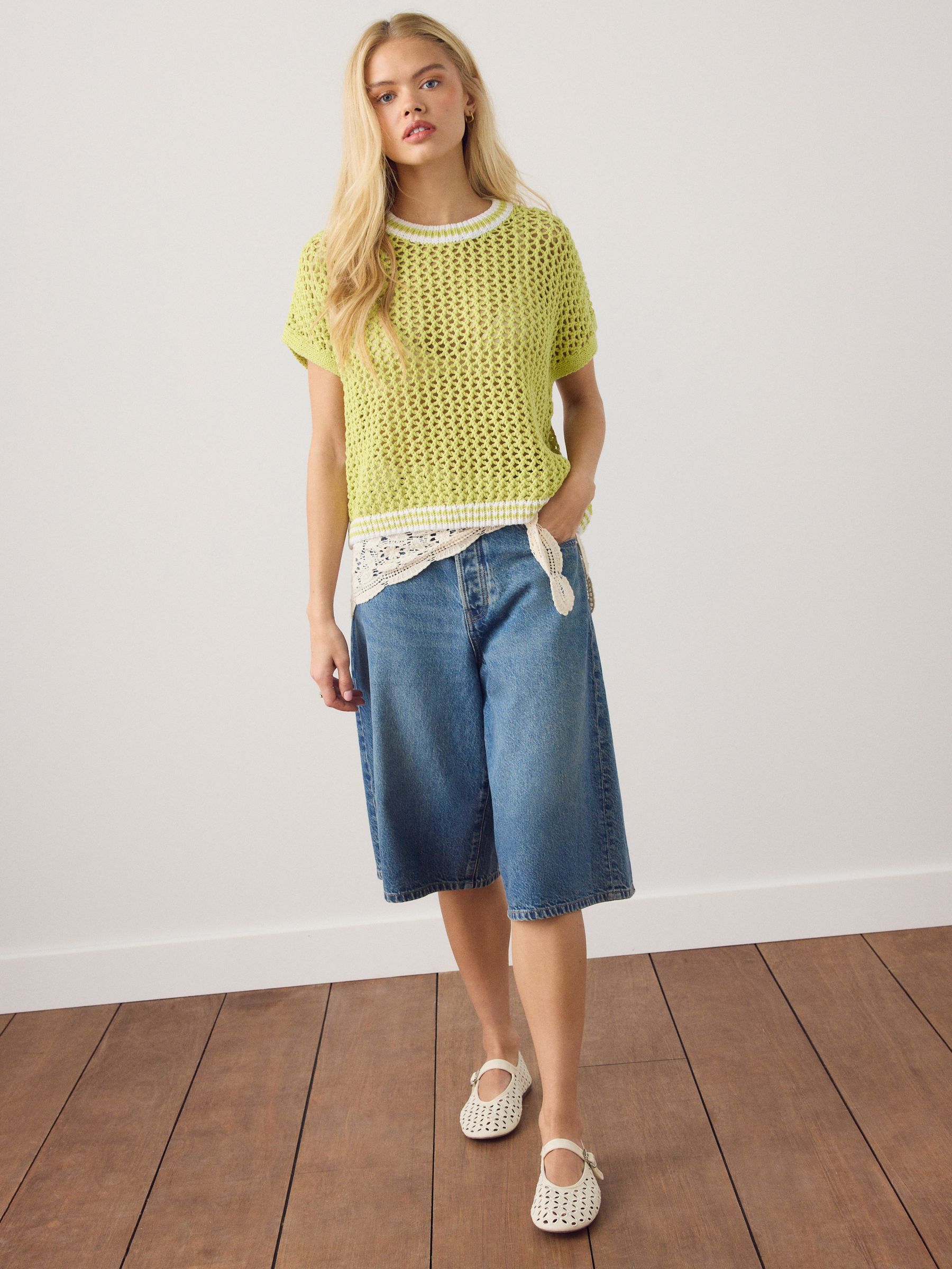 Buy Lime Green Mesh Crochet 100% Cotton Relaxed T-Shirt from the