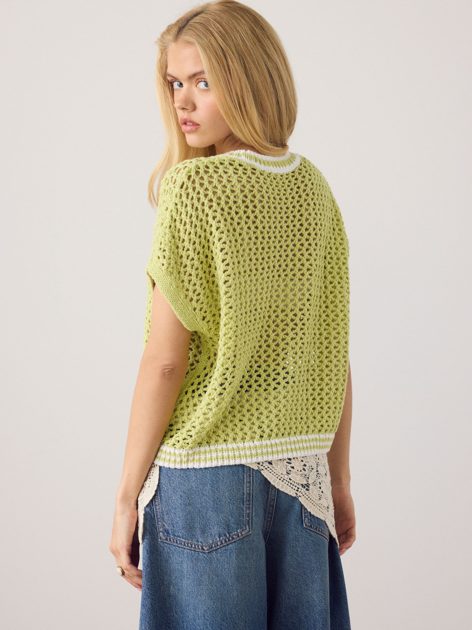 Buy Lime Green Mesh Crochet 100% Cotton Relaxed T-Shirt from the