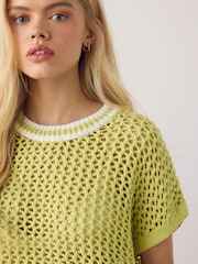 Lime Green Mesh Crochet 100% Cotton Relaxed T-Shirt - Image 5 of 8