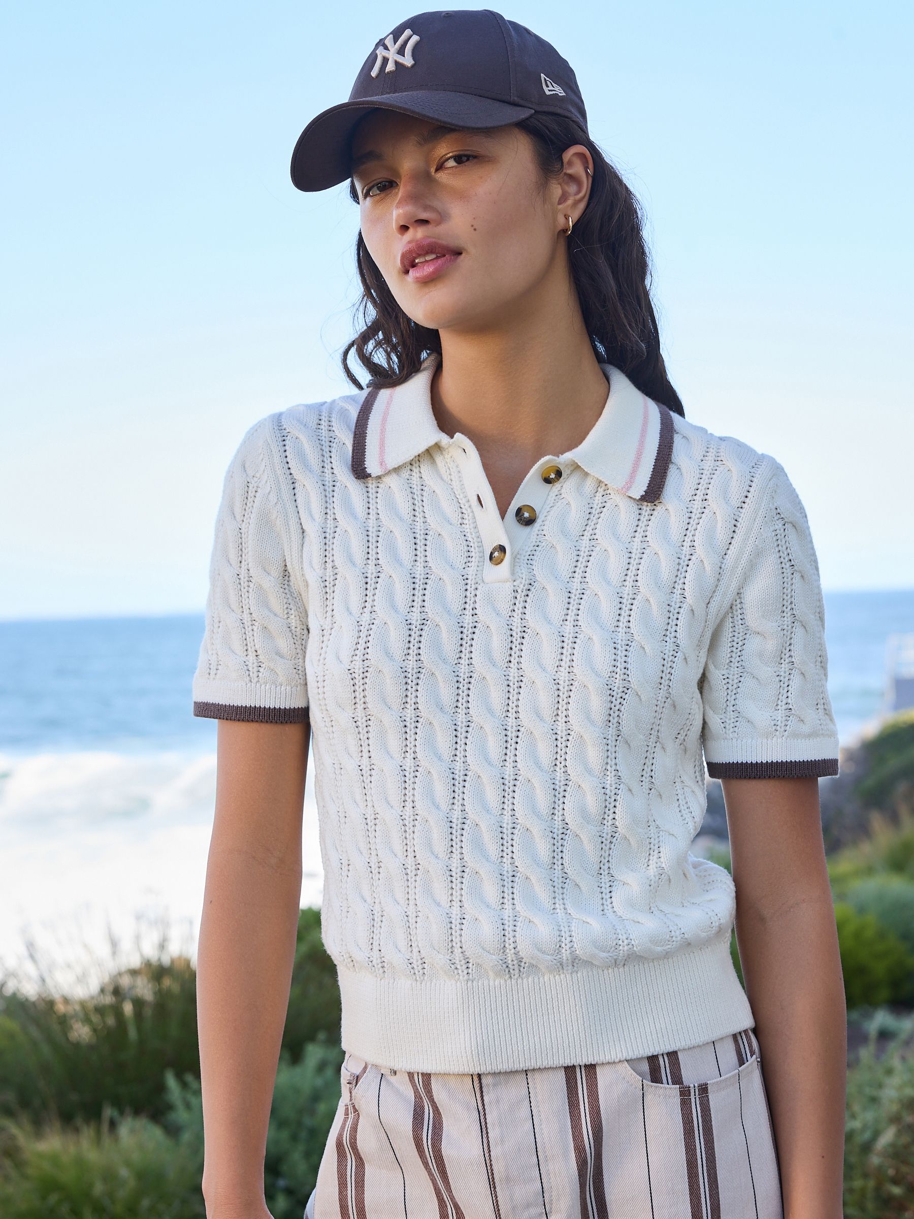 Buy Ecru Tipped Short Sleeve Cotton Cable Knit Polo Top from the