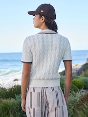 Ecru Tipped Short Sleeve Cotton Cable Knit Polo Top - Image 3 of 8