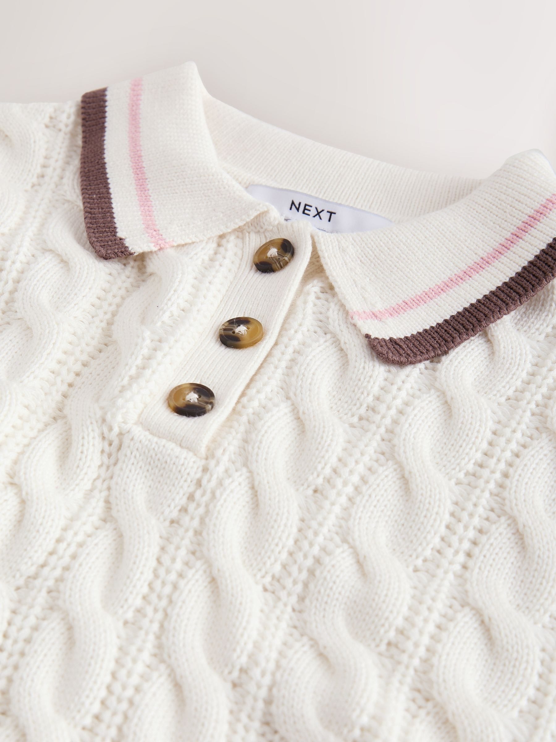 Buy Ecru Tipped Short Sleeve Cotton Cable Knit Polo Top from Next USA