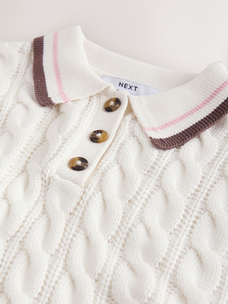 Ecru Tipped Short Sleeve Cotton Cable Knit Polo Top - Image 8 of 8