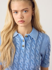 Blue Acid Wash Short Sleeve Cotton Cable Knit Polo Top - Image 1 of 3