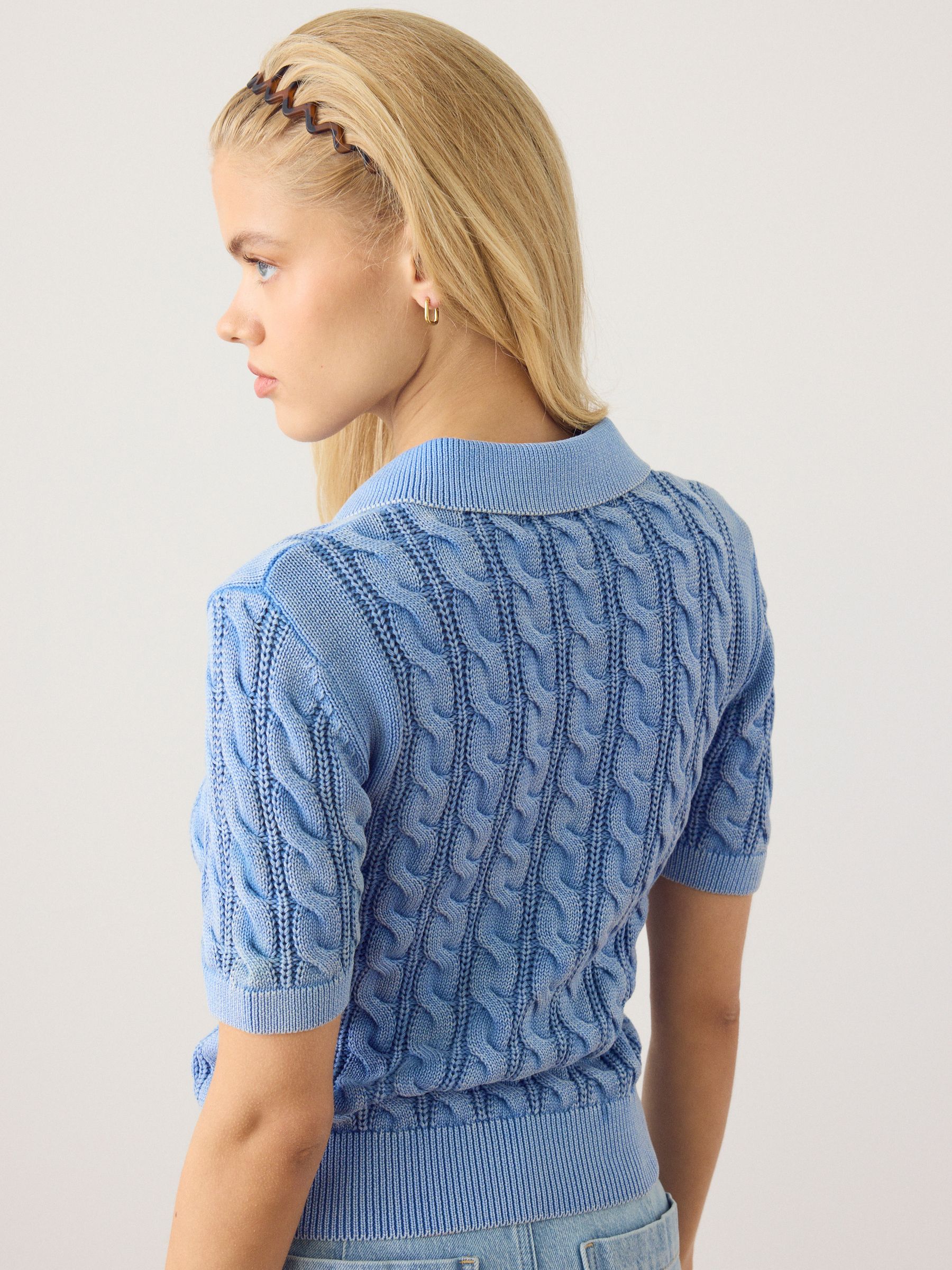 Buy Blue Acid Wash Short Sleeve Cotton Cable Knit Polo Top from