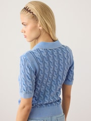 Blue Acid Wash Short Sleeve Cotton Cable Knit Polo Top - Image 4 of 8