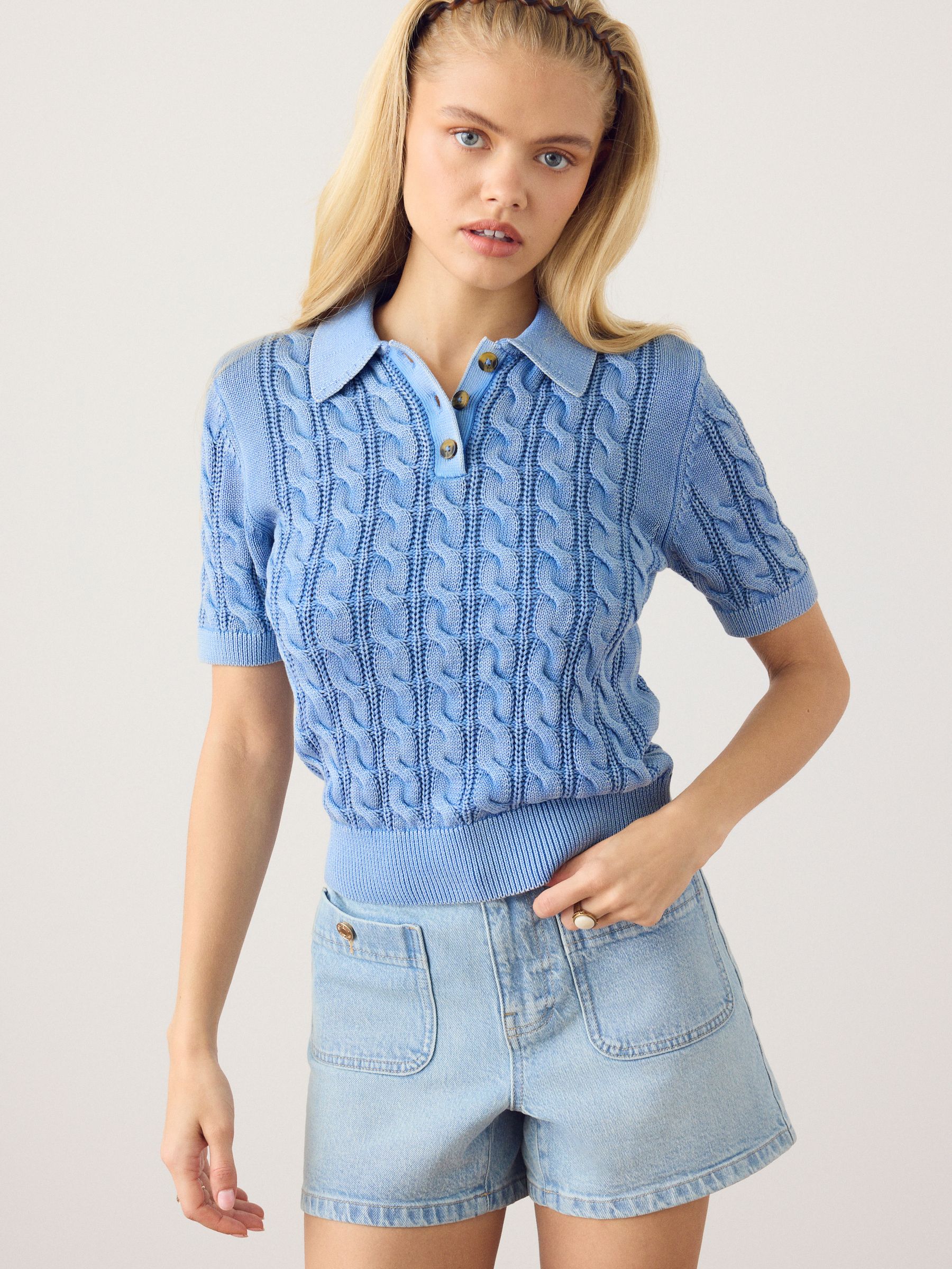Buy Blue Acid Wash Short Sleeve Cotton Cable Knit Polo Top from