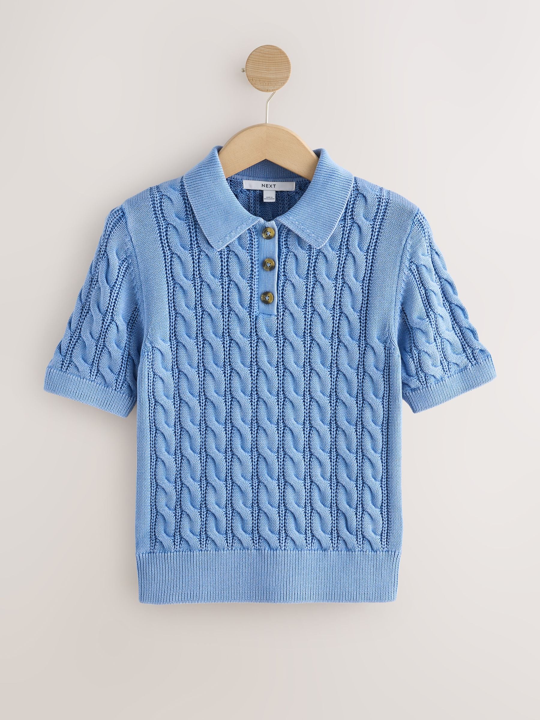 Buy Blue Acid Wash Short Sleeve Cotton Cable Knit Polo Top from