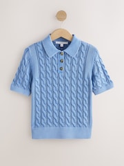 Blue Acid Wash Short Sleeve Cotton Cable Knit Polo Top - Image 6 of 8