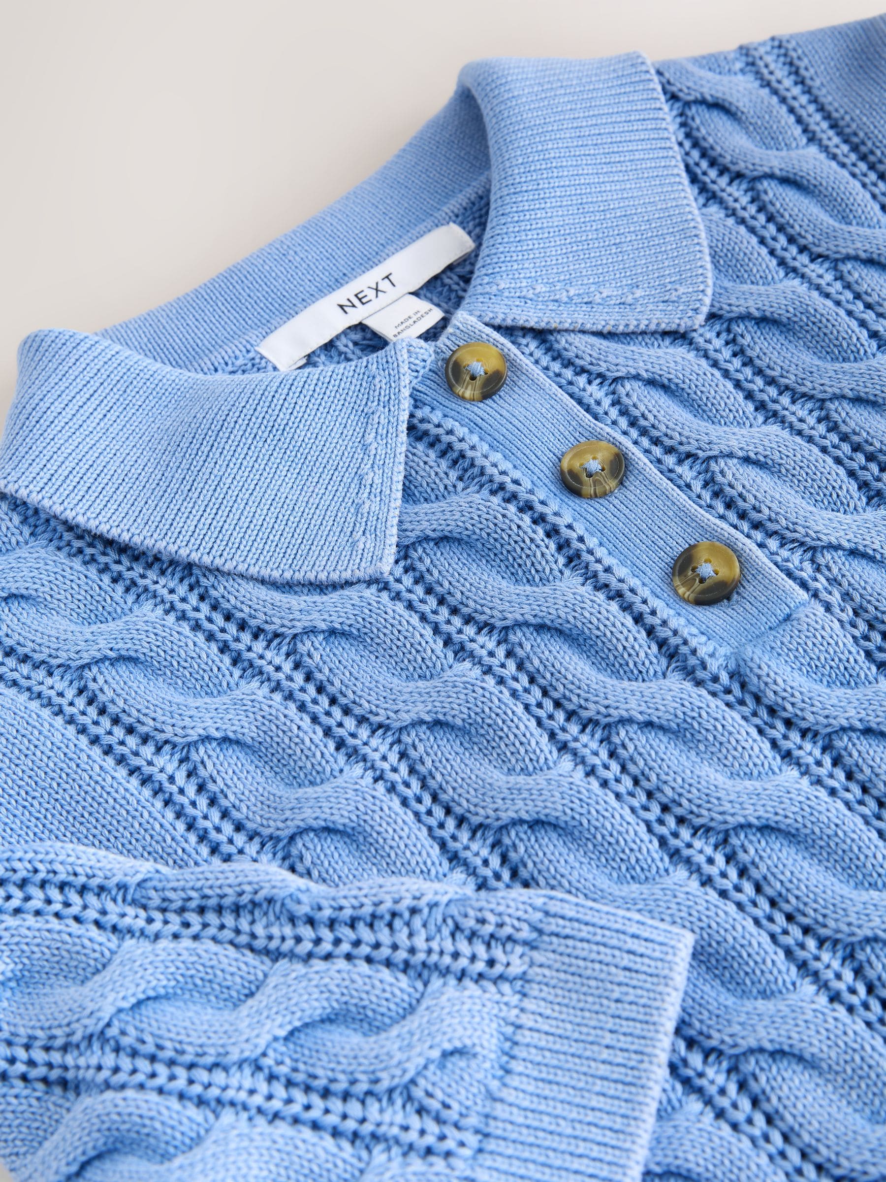 Buy Blue Acid Wash Short Sleeve Cotton Cable Knit Polo Top from