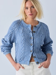 Blue Acid Wash Cable Knit Long Sleeve Cotton Cardigan - Image 1 of 5