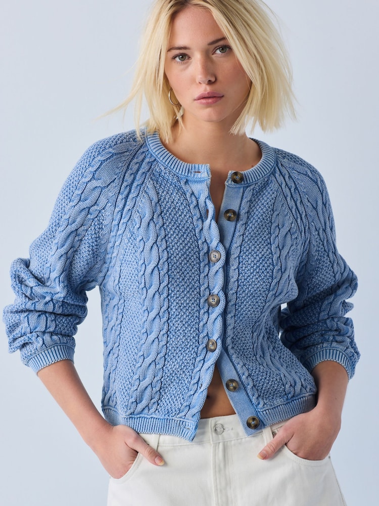 Blue Acid Wash Cable Knit Long Sleeve Cotton Cardigan - Image 1 of 5 Blue Acid Wash Cable Knit Long Sleeve Cotton Cardigan - Image 1 of 5