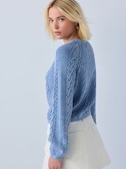 Blue Acid Wash Cable Knit Long Sleeve Cotton Cardigan - Image 3 of 5