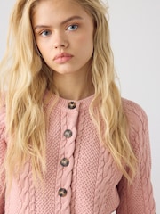 Roz pastel - Cable Knit Long Sleeve Cotton Cardigan - Imaginea 1 din 3