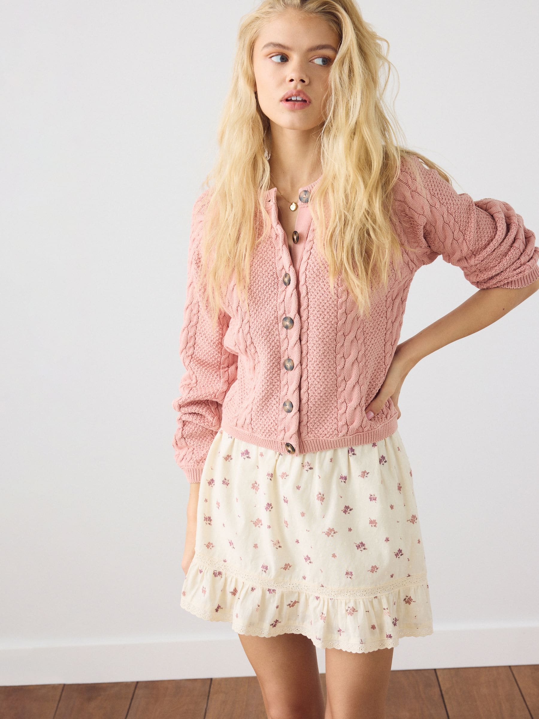 Buy Blush Pink Cable Knit Long Sleeve Cotton Cardigan from the