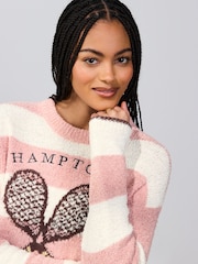 Ekru/Çəhrayı Qrafik - Pambıqla Zəngin Dəsmal Örgü Krujevalı Yaxalı Sviter - 7şəkildən 4 şəkil