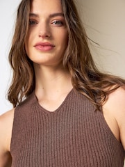Chocolate Brown Towelling Knit V-Neck Vest Top - Image 1 of 8