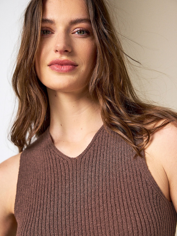 Chocolate Brown Towelling Knit V-Neck Vest Top - Image 1 of 8