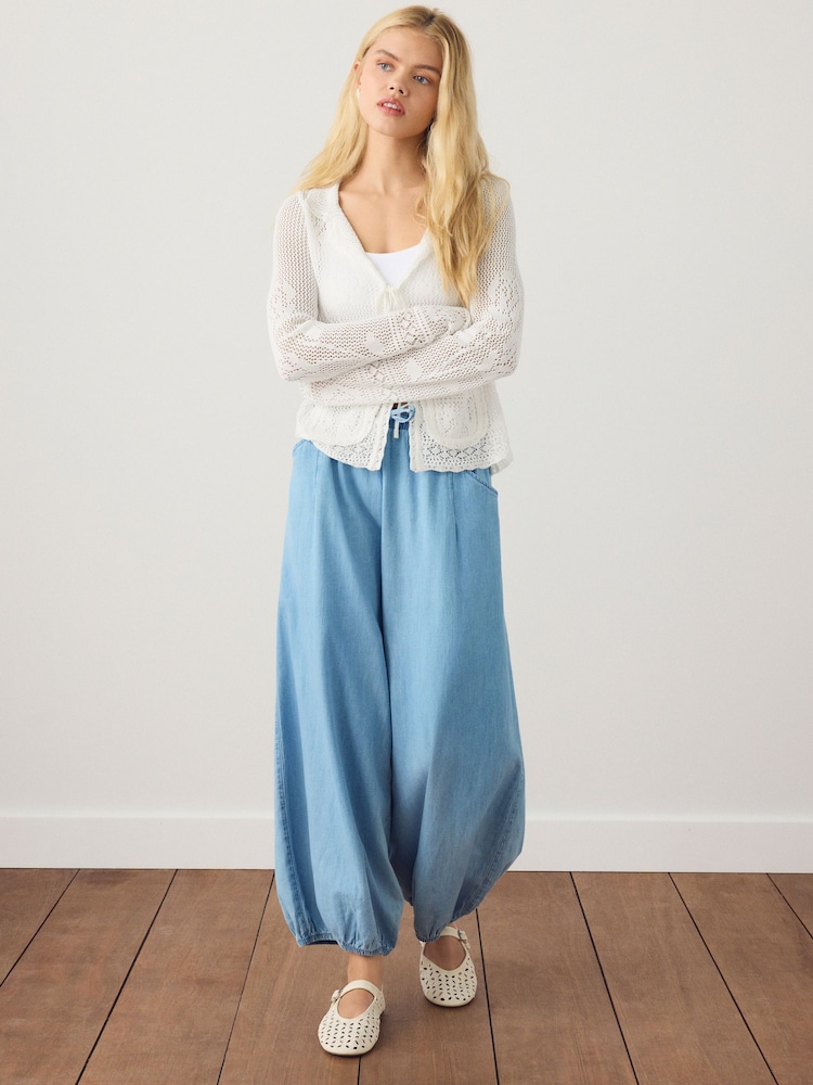 White Floral Mesh Tie Front Cardigan With Linen - Image 2 of 3 White Floral Mesh Tie Front Cardigan With Linen - Image 2 of 3