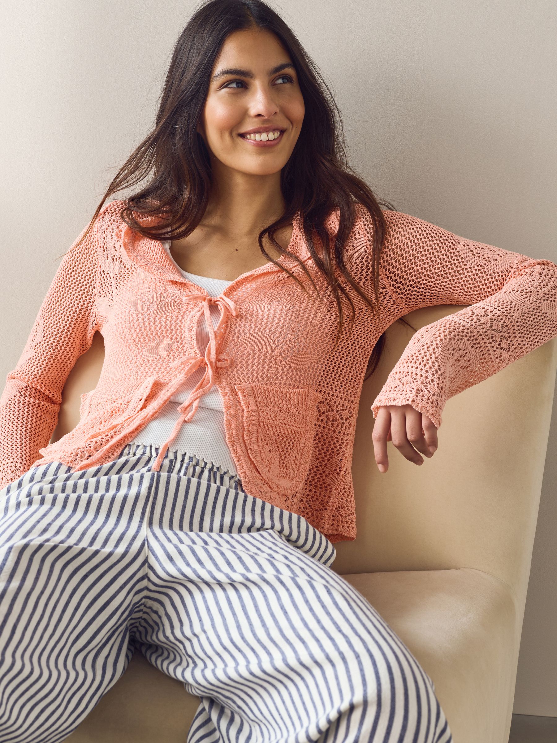 Buy Blush Pink Floral Mesh Tie Front Cardigan With Linen from Next USA
