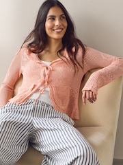 Blush Pink Floral Mesh Tie Front Cardigan With Linen - Image 1 of 8