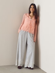 Blush Pink Floral Mesh Tie Front Cardigan With Linen - Image 2 of 8