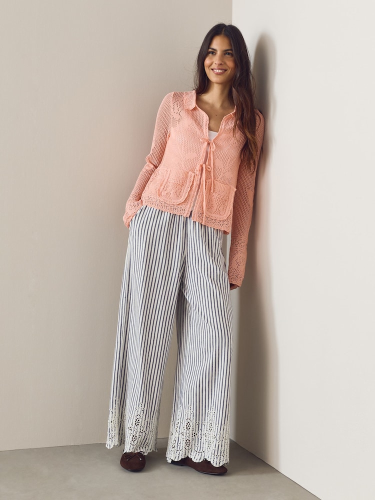 Blush Pink Floral Mesh Tie Front Cardigan With Linen - Image 2 of 8 Blush Pink Floral Mesh Tie Front Cardigan With Linen - Image 2 of 8