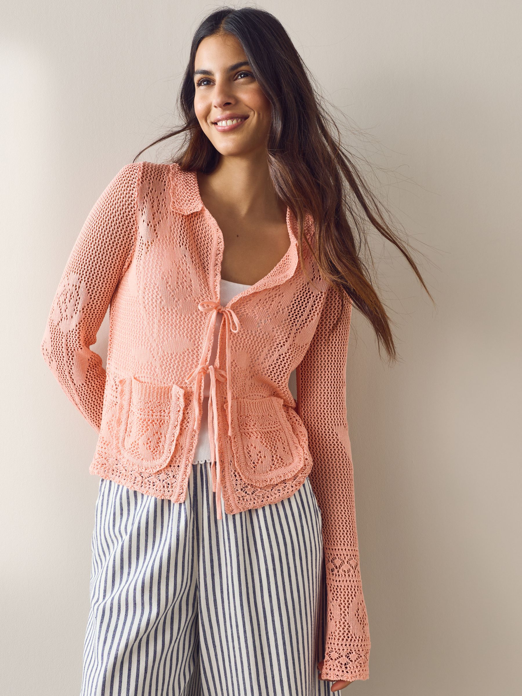 Buy Blush Pink Floral Mesh Tie Front Cardigan With Linen from Next USA
