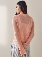 Blush Pink Floral Mesh Tie Front Cardigan With Linen - Image 4 of 8