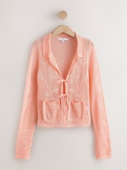 Blush Pink Floral Mesh Tie Front Cardigan With Linen - Image 6 of 8